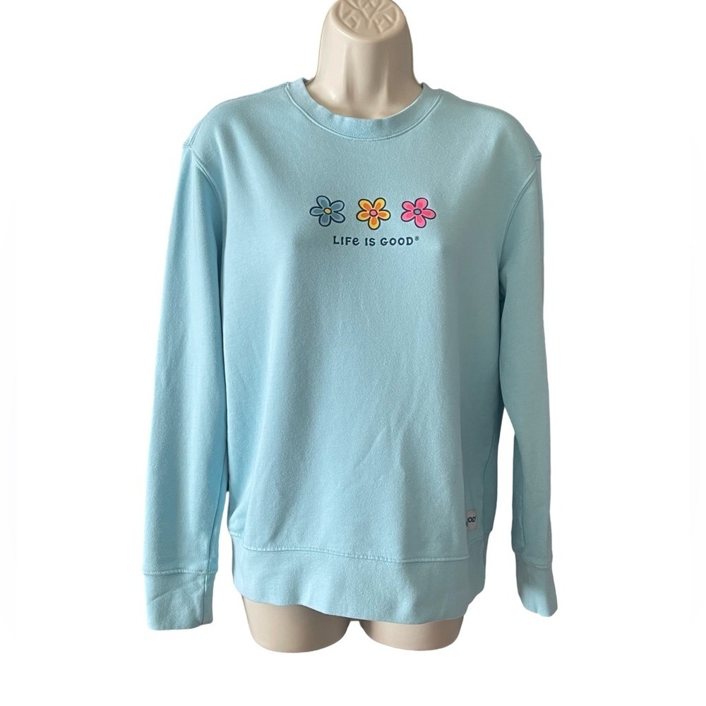 LIFE IS GOOD Women's 3 Daisies Simply True Fleece Sweatshirt Size S Light Blue